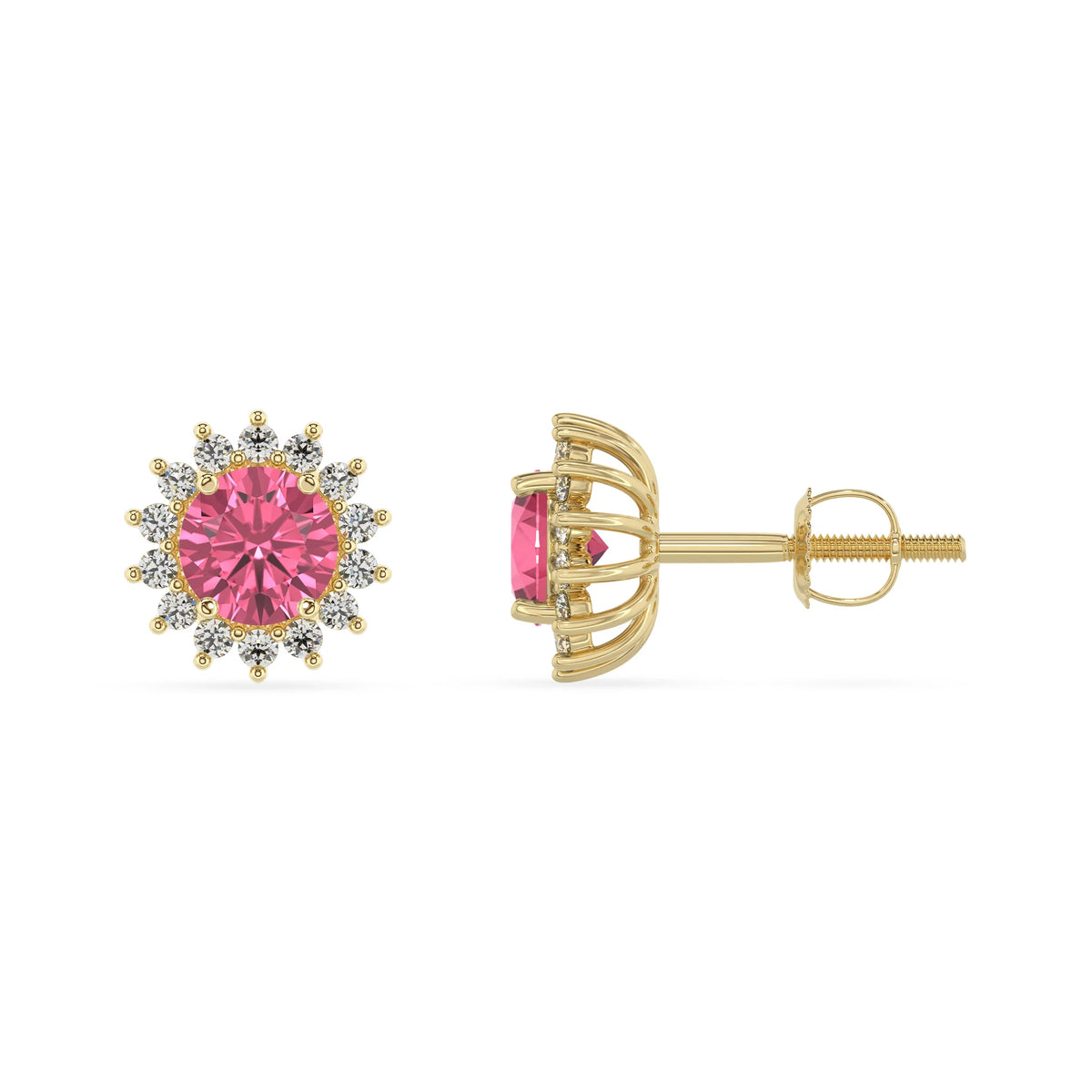 lab grown pink tourmaline round stud earrings in yellow gold 