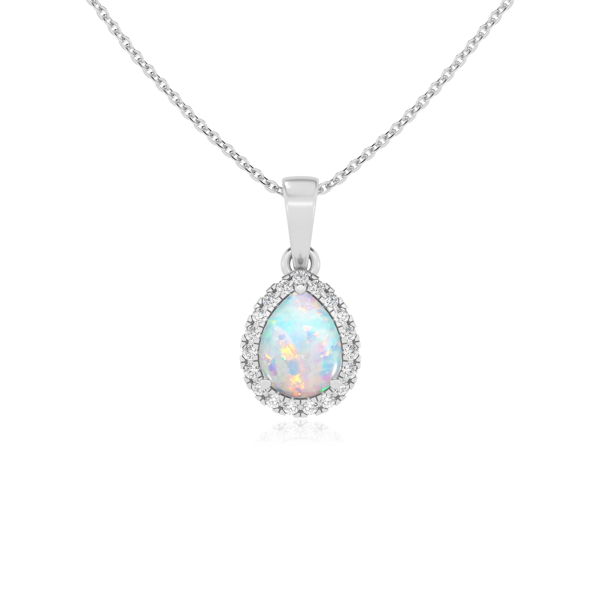 lab grown opal pear solitaire necklaces in white gold 