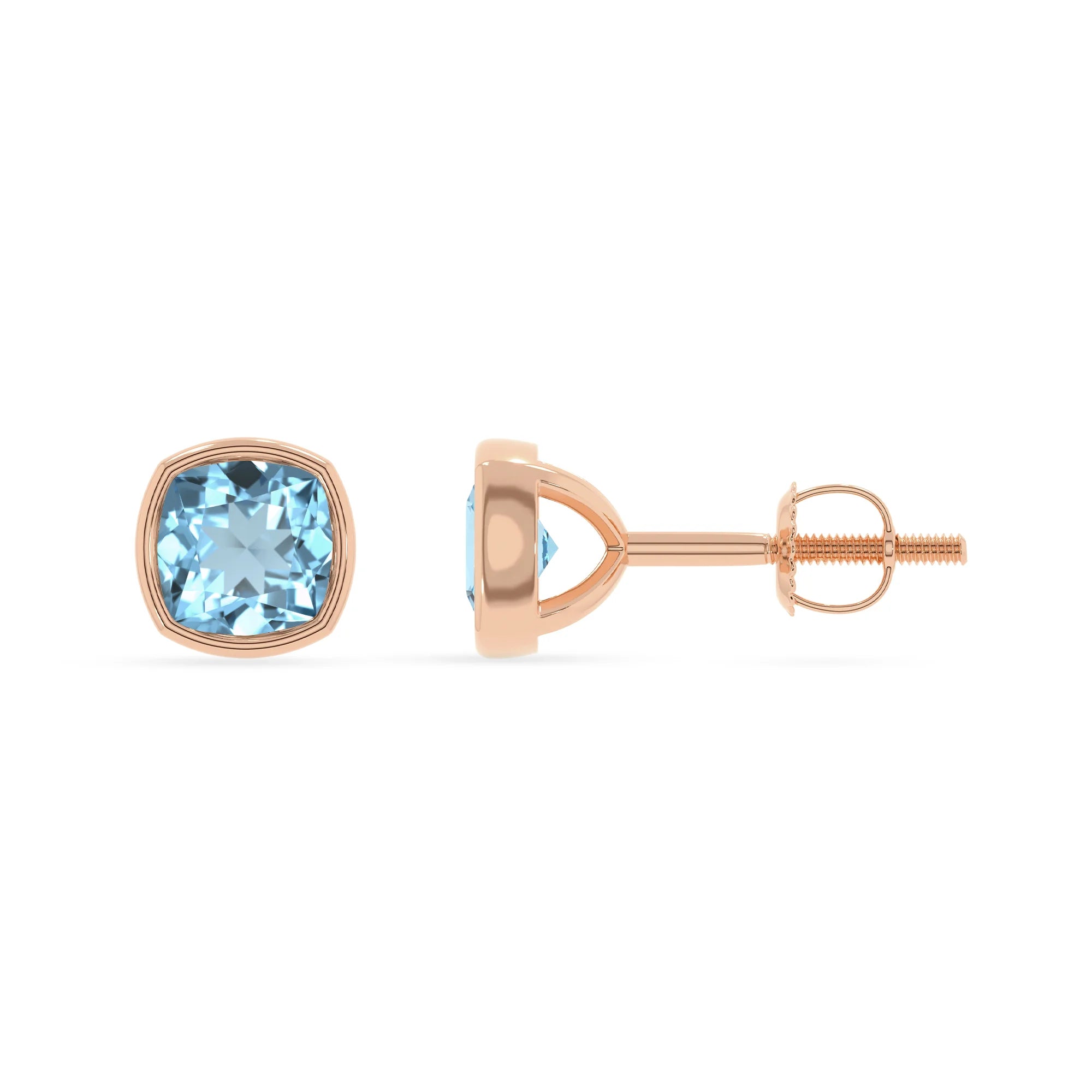 lab grown aquamarine cushion stud earrings in rose gold 