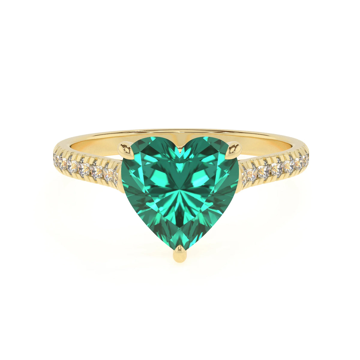 lab grown emerald heart half eternity solitaire engagement rings in yellow gold 