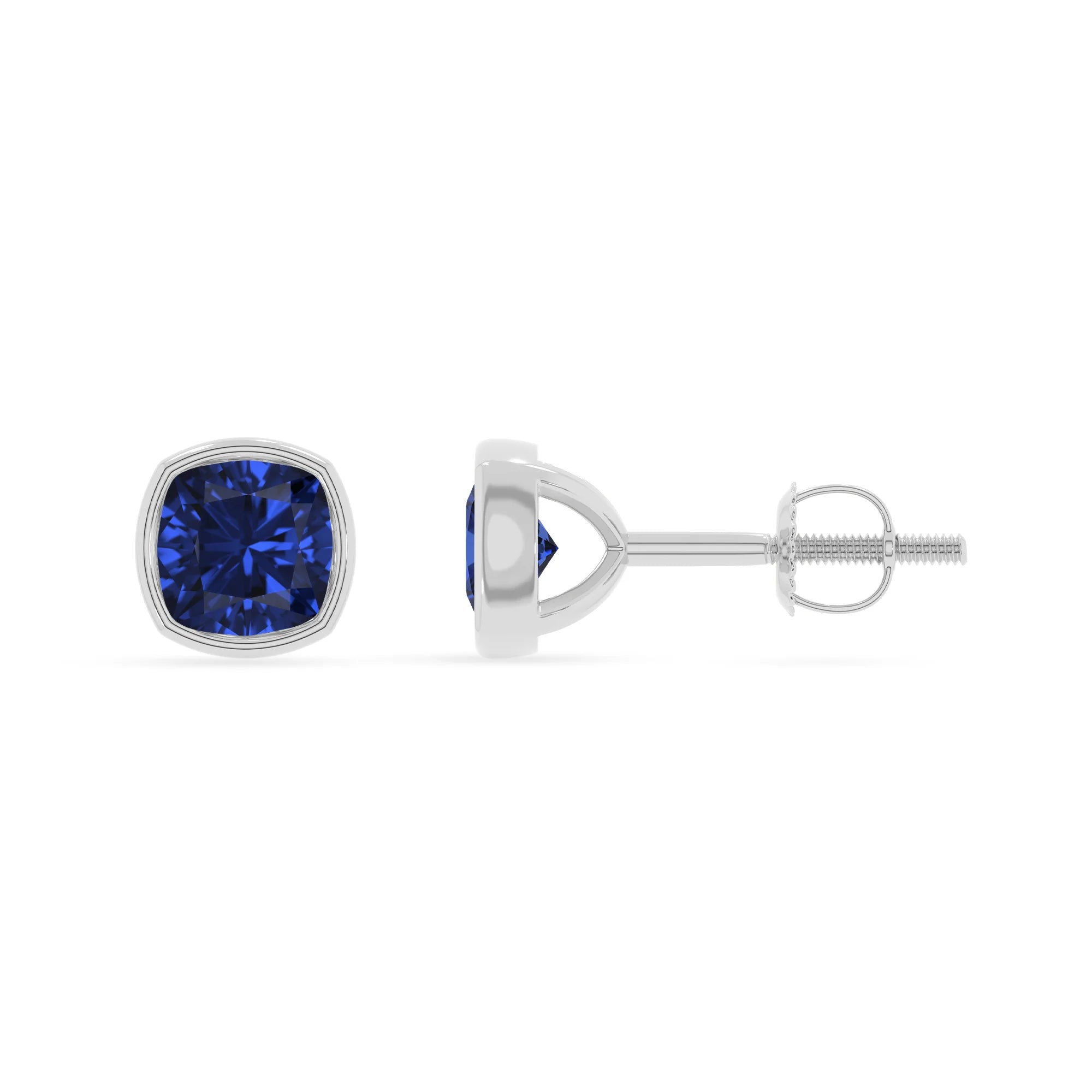 lab grown blue sapphire cushion stud earrings in white gold 