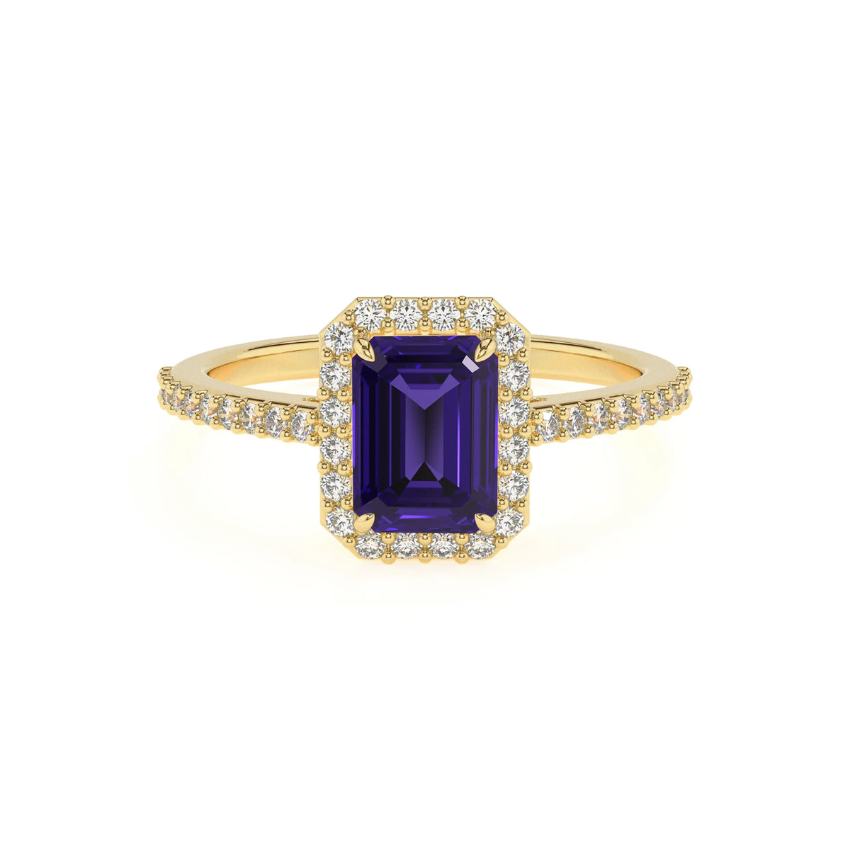lab grown tanzanite emerald cut solitaire rings in yellow gold 