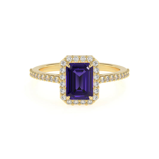 lab grown tanzanite emerald cut solitaire rings in yellow gold 