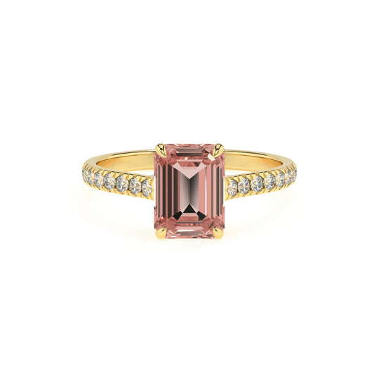 lab grown morganite emerald cut half eternity solitaire engagement rings in yellow gold 