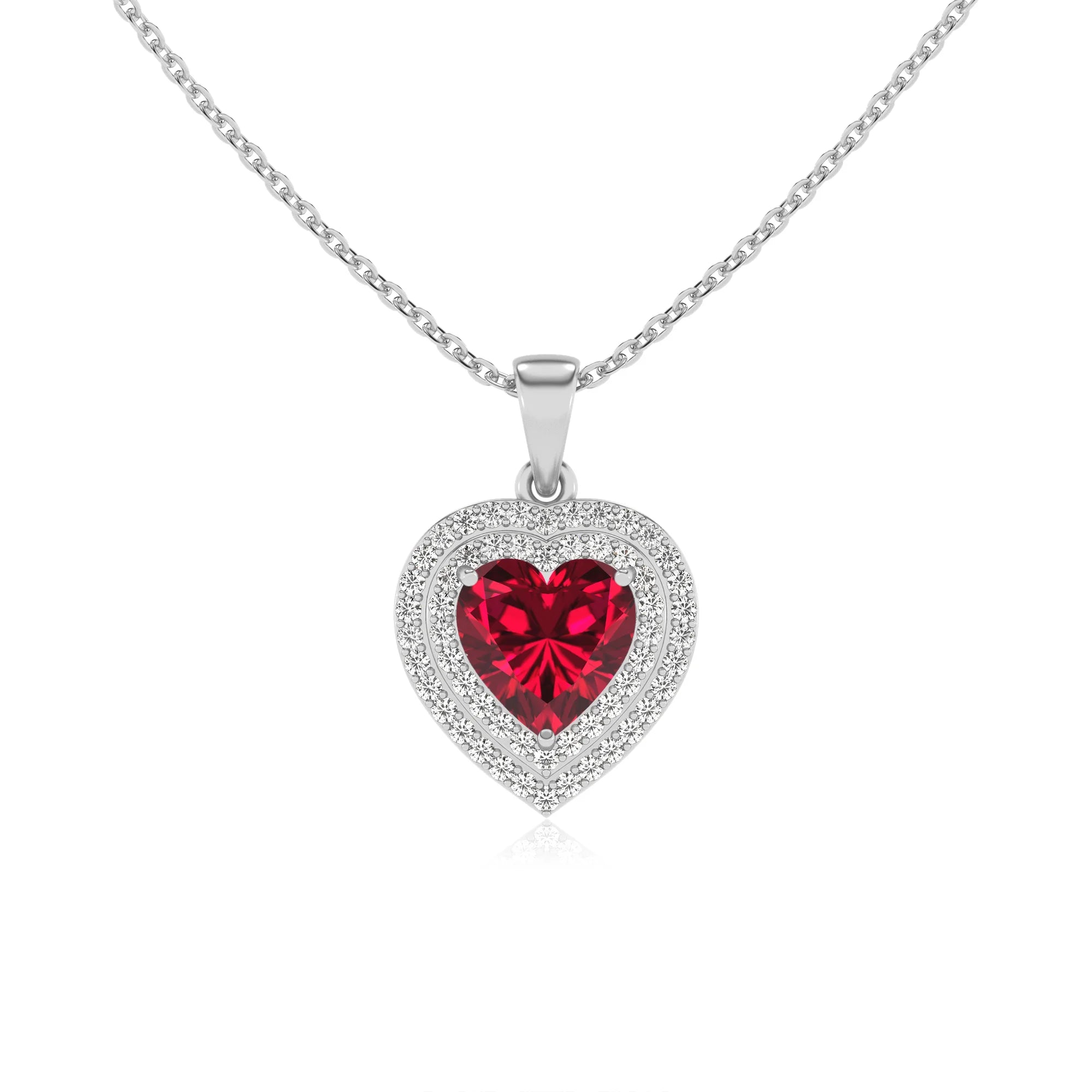 lab grown ruby heart halo necklaces in white gold 