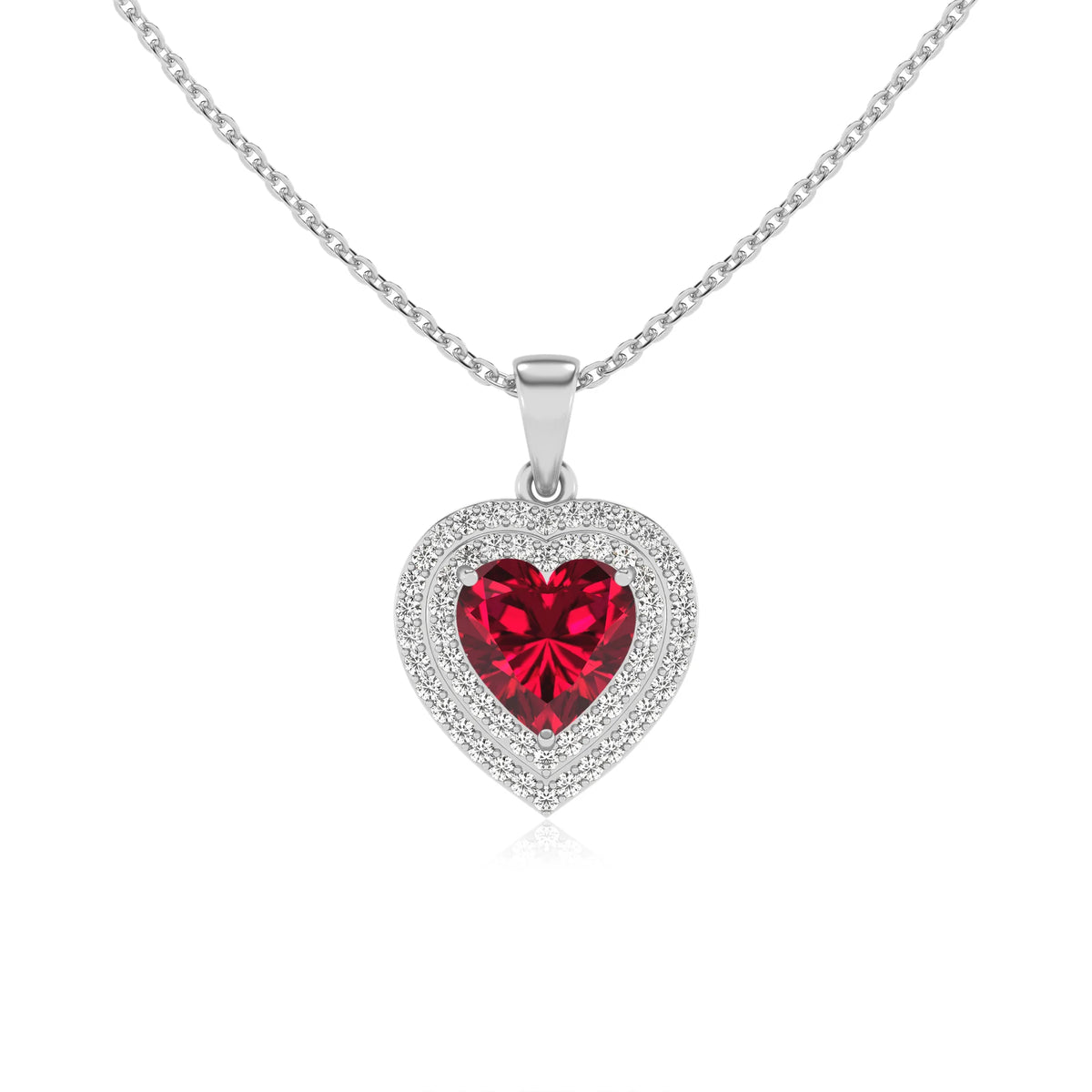 lab grown ruby heart halo necklaces in white gold 