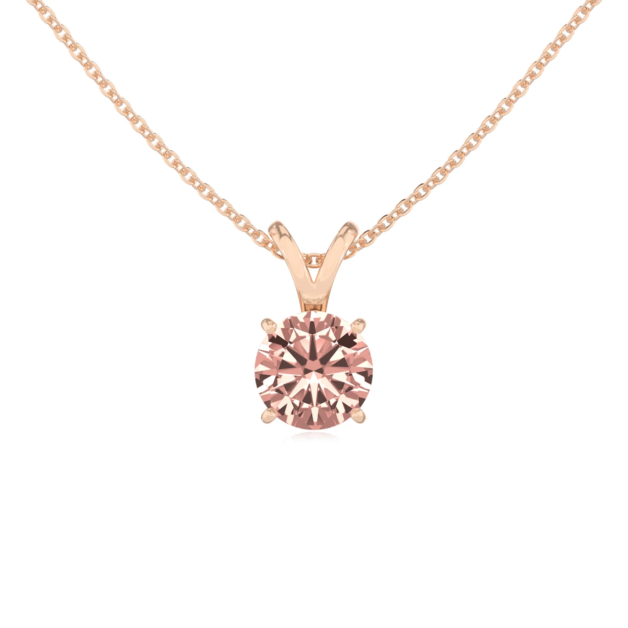 lab grown morganite round solitaire v-bale necklaces in rose gold 