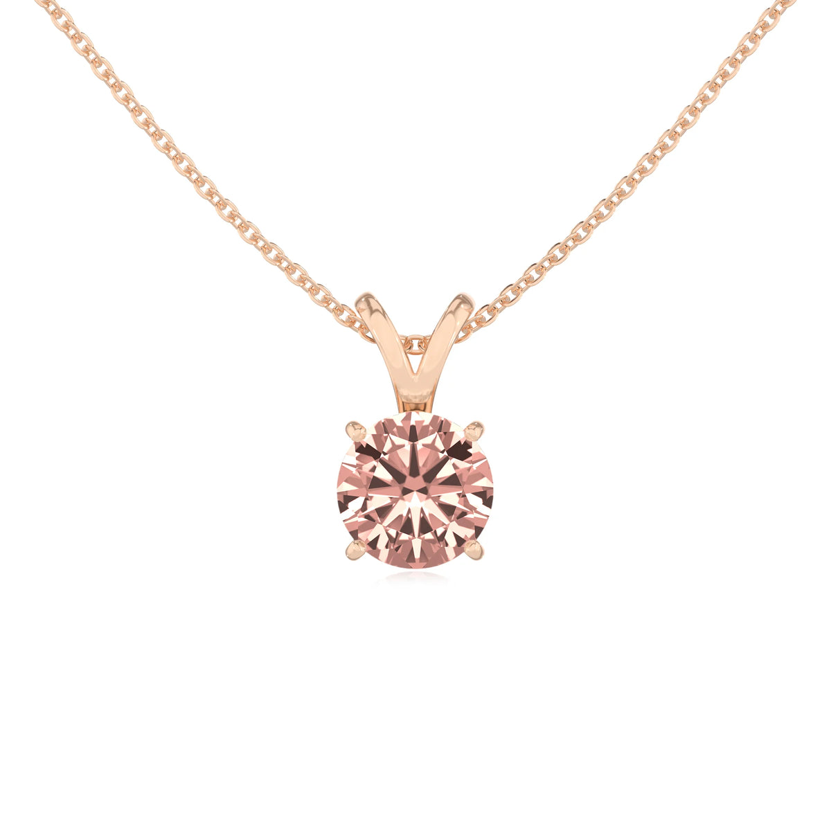 lab grown morganite round solitaire v-bale necklaces in rose gold 