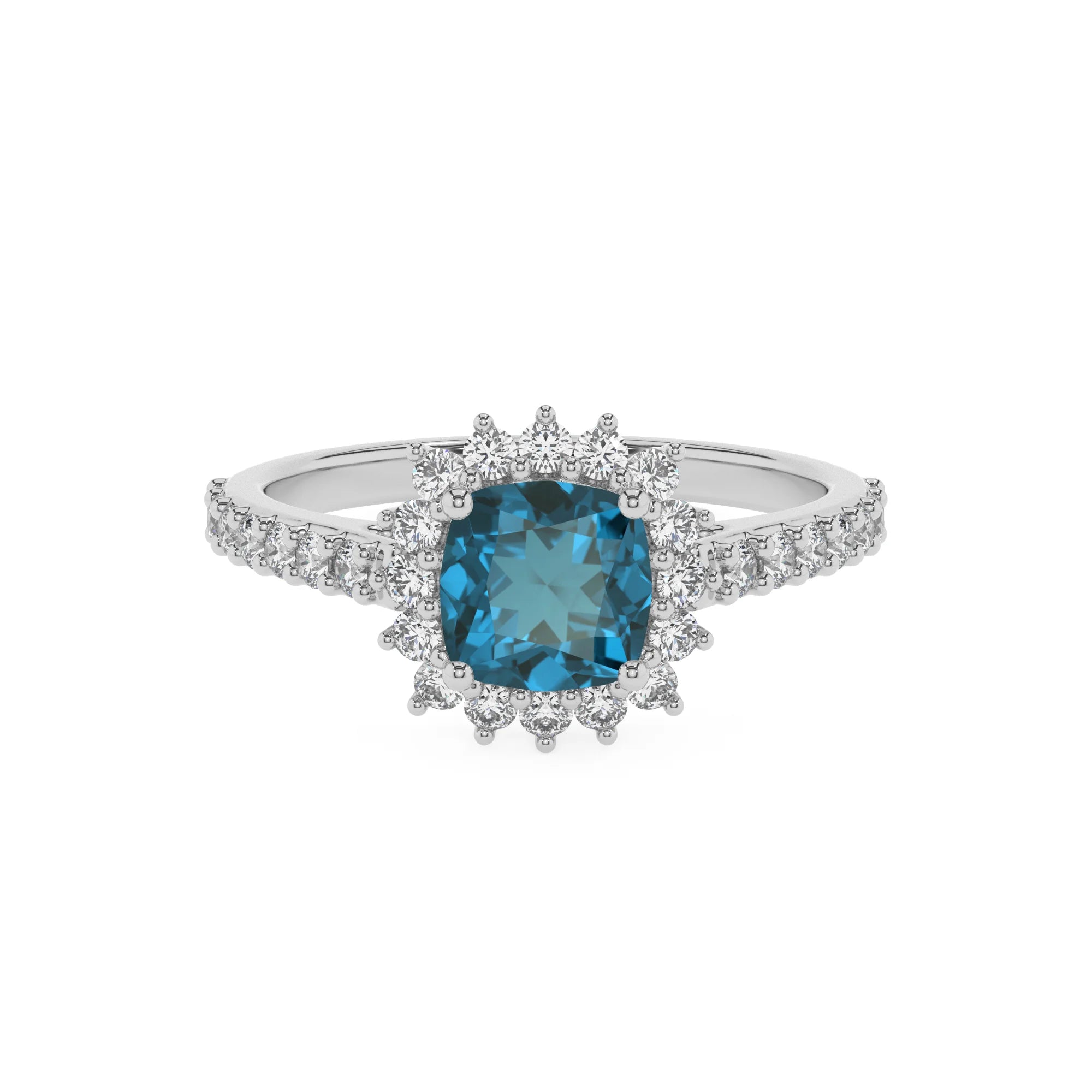 natural london-blue-topaz cushion solitaire rings in platinum 