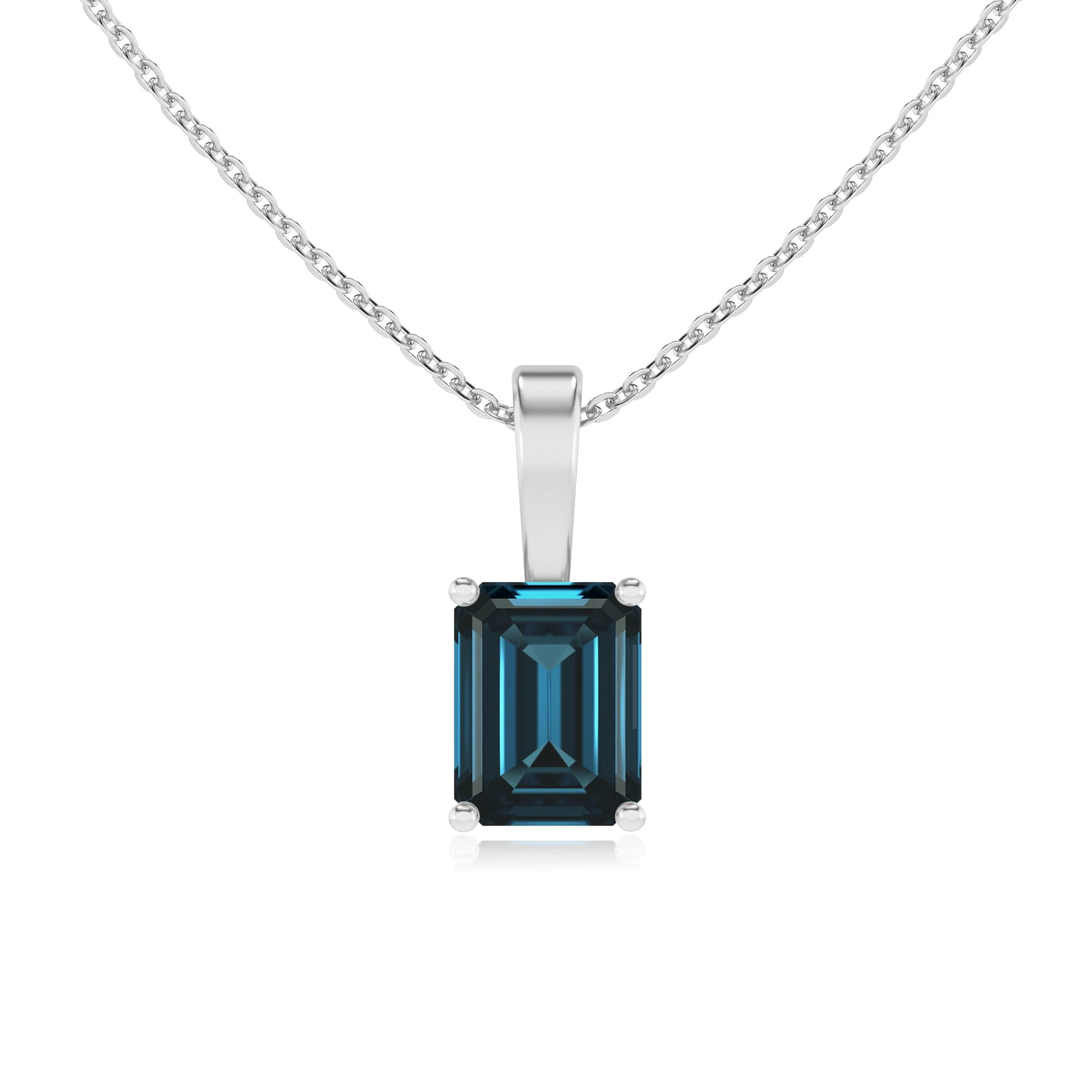 natural london-blue-topaz emerald cut solitaire necklaces in platinum 