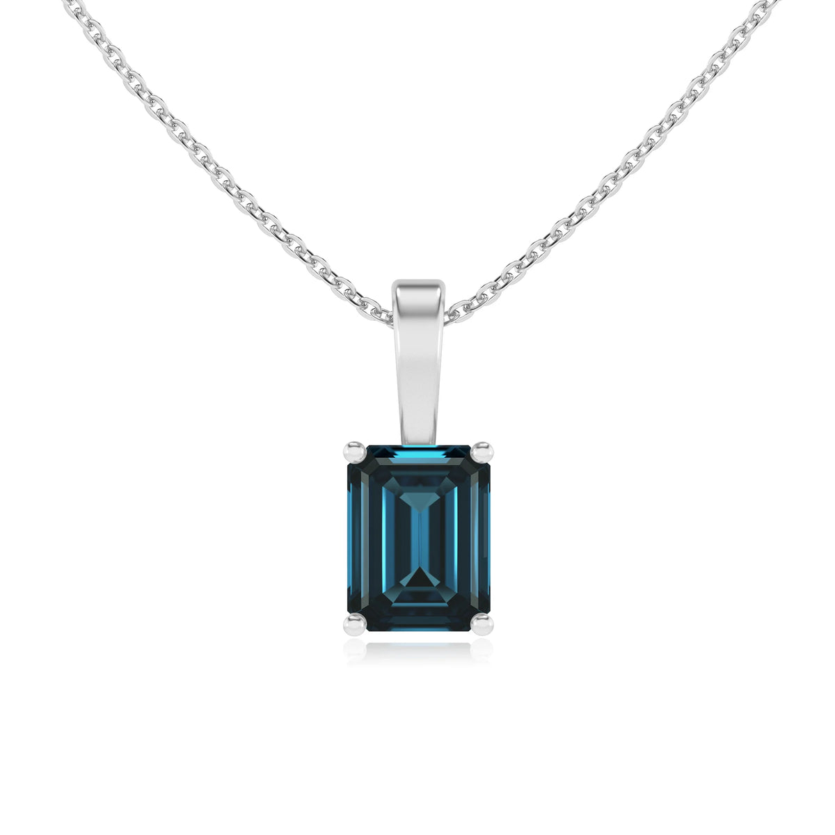 natural london-blue-topaz emerald cut solitaire necklaces in platinum 