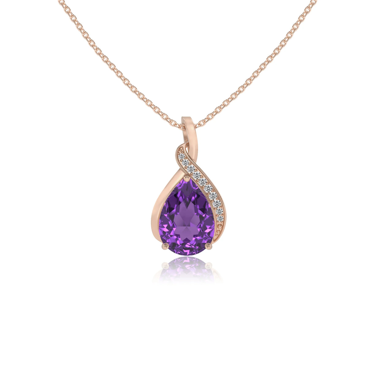 lab grown amethyst pear solitaire necklaces in rose gold 