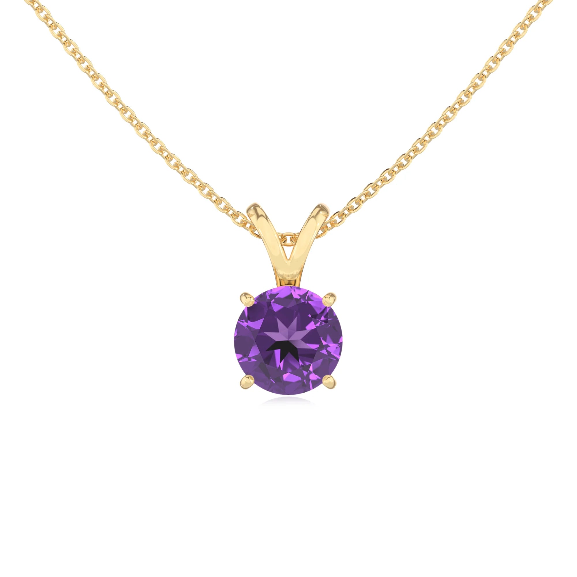 lab grown amethyst round solitaire v-bale necklaces in yellow gold 