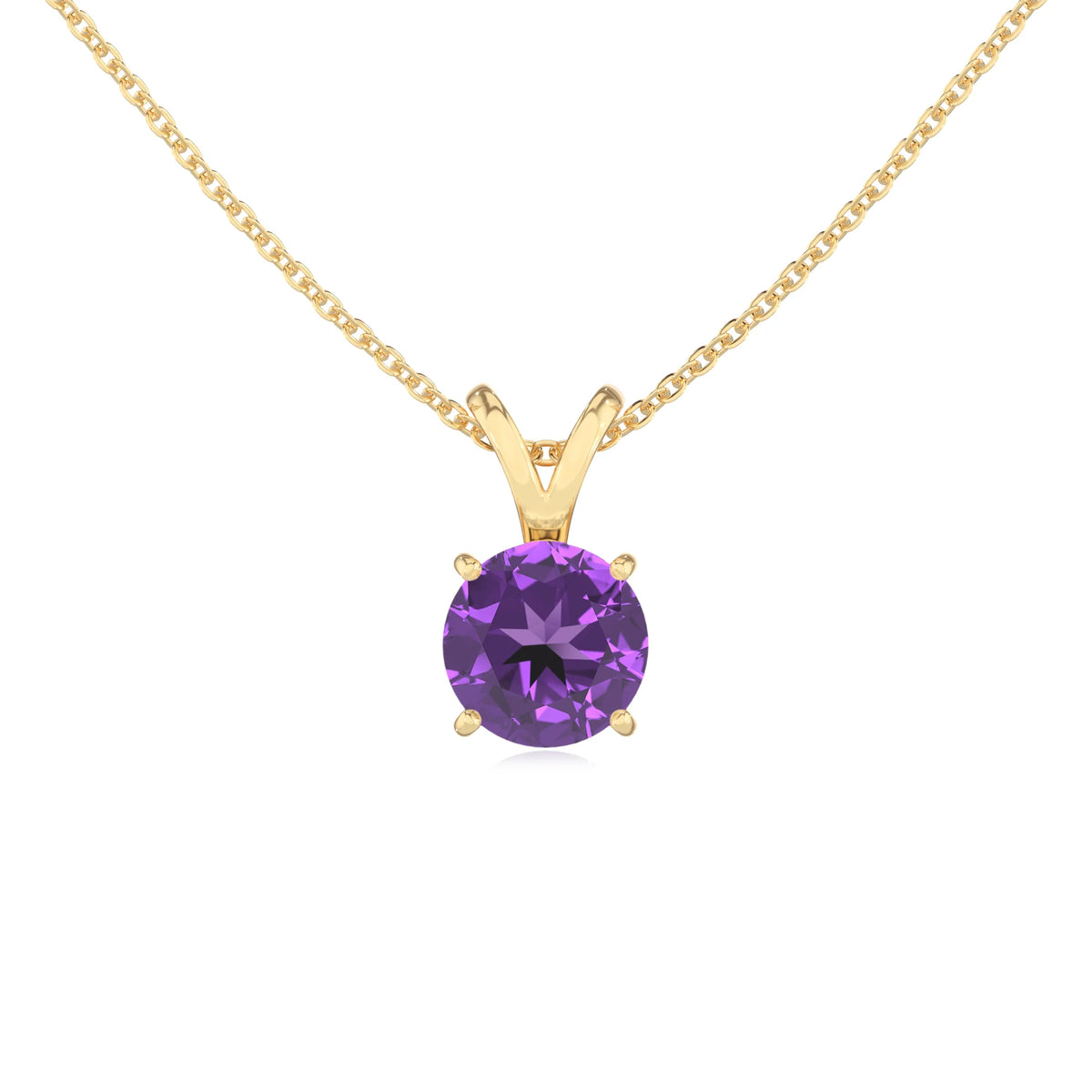 lab grown amethyst round solitaire v-bale necklaces in yellow gold 