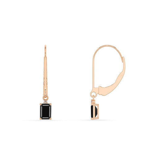 natural black onyx emerald cut drop earrings in rose gold 