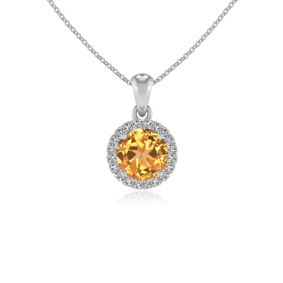 lab grown citrine round solitaire necklaces in white gold 