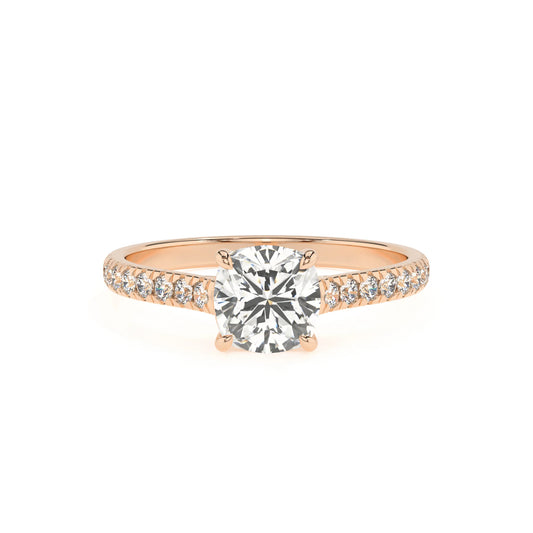 lab grown moissanite cushion half eternity solitaire engagement rings in rose gold 