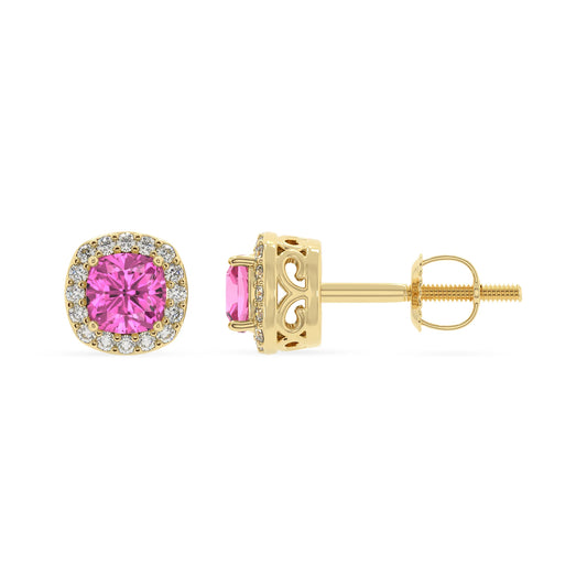 lab grown pink sapphire cushion stud earrings in yellow gold 