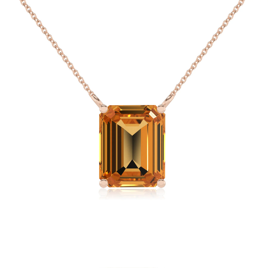 lab grown citrine emerald cut solitaire necklaces in rose gold 