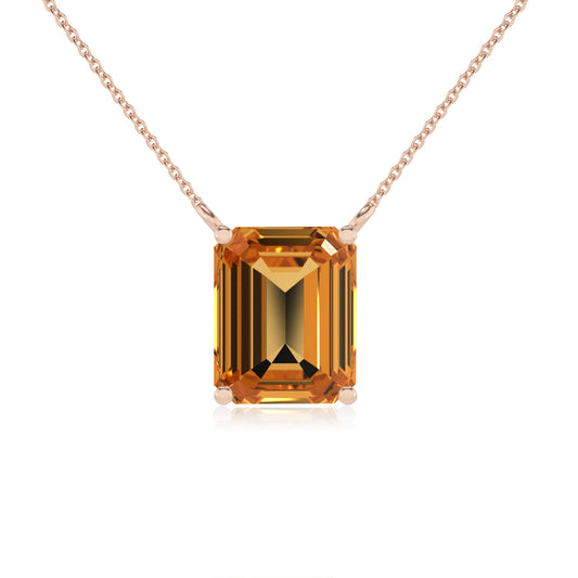 lab grown citrine emerald cut solitaire necklaces in rose gold 