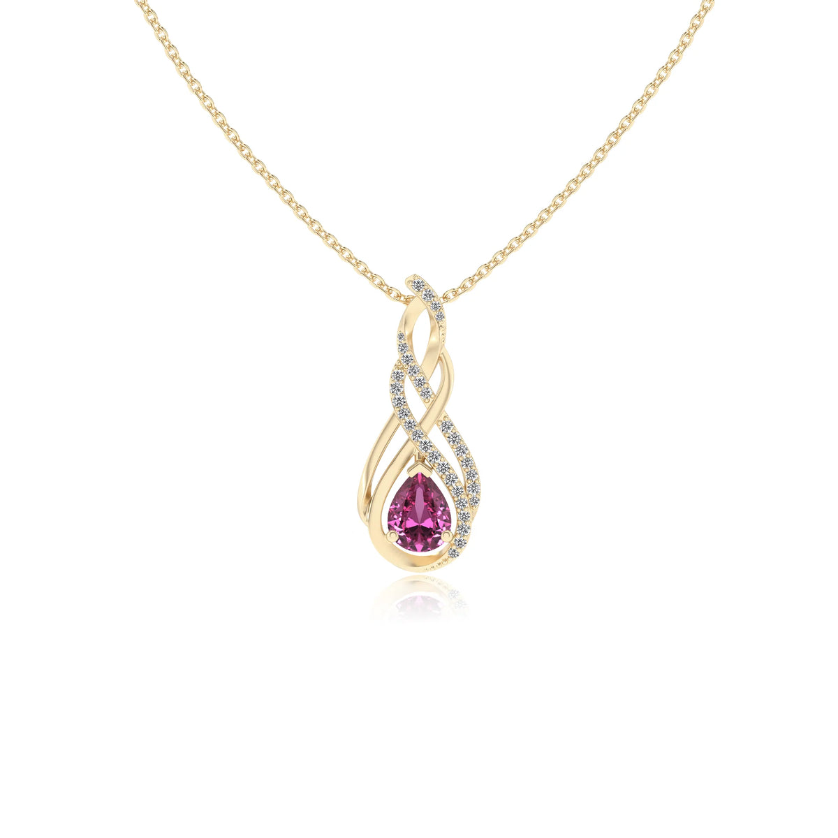 lab grown pink-sapphire pear solitaire necklaces in yellow gold 