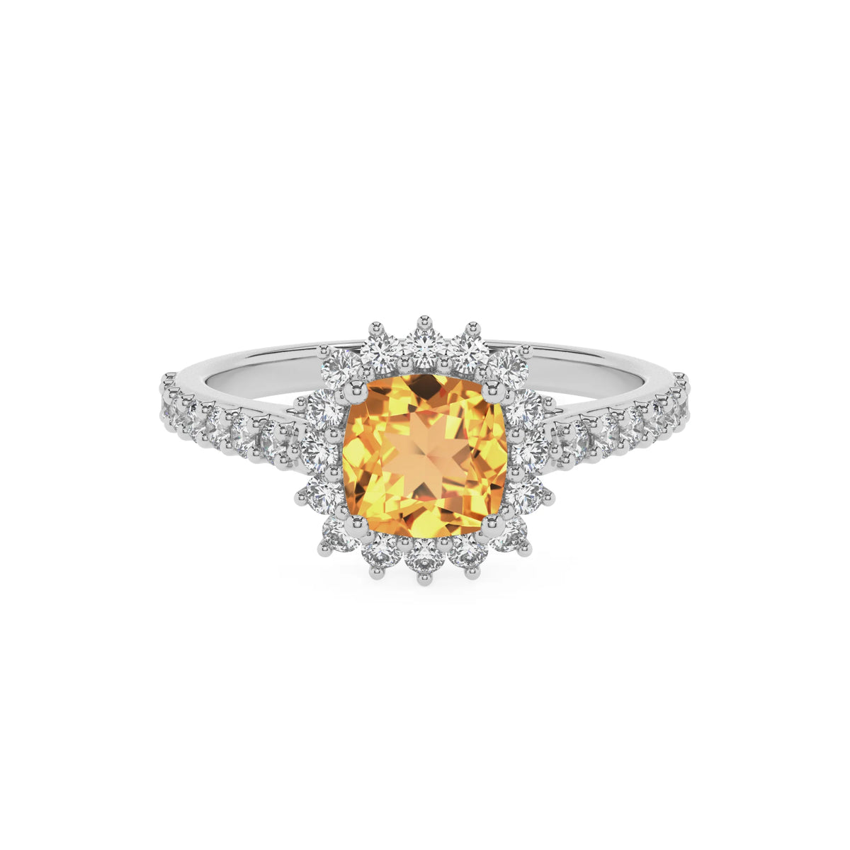 lab grown citrine cushion solitaire rings in platinum 