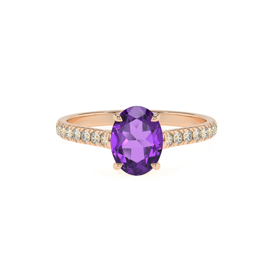 lab grown amethyst oval half eternity solitaire engagement rings in rose gold 