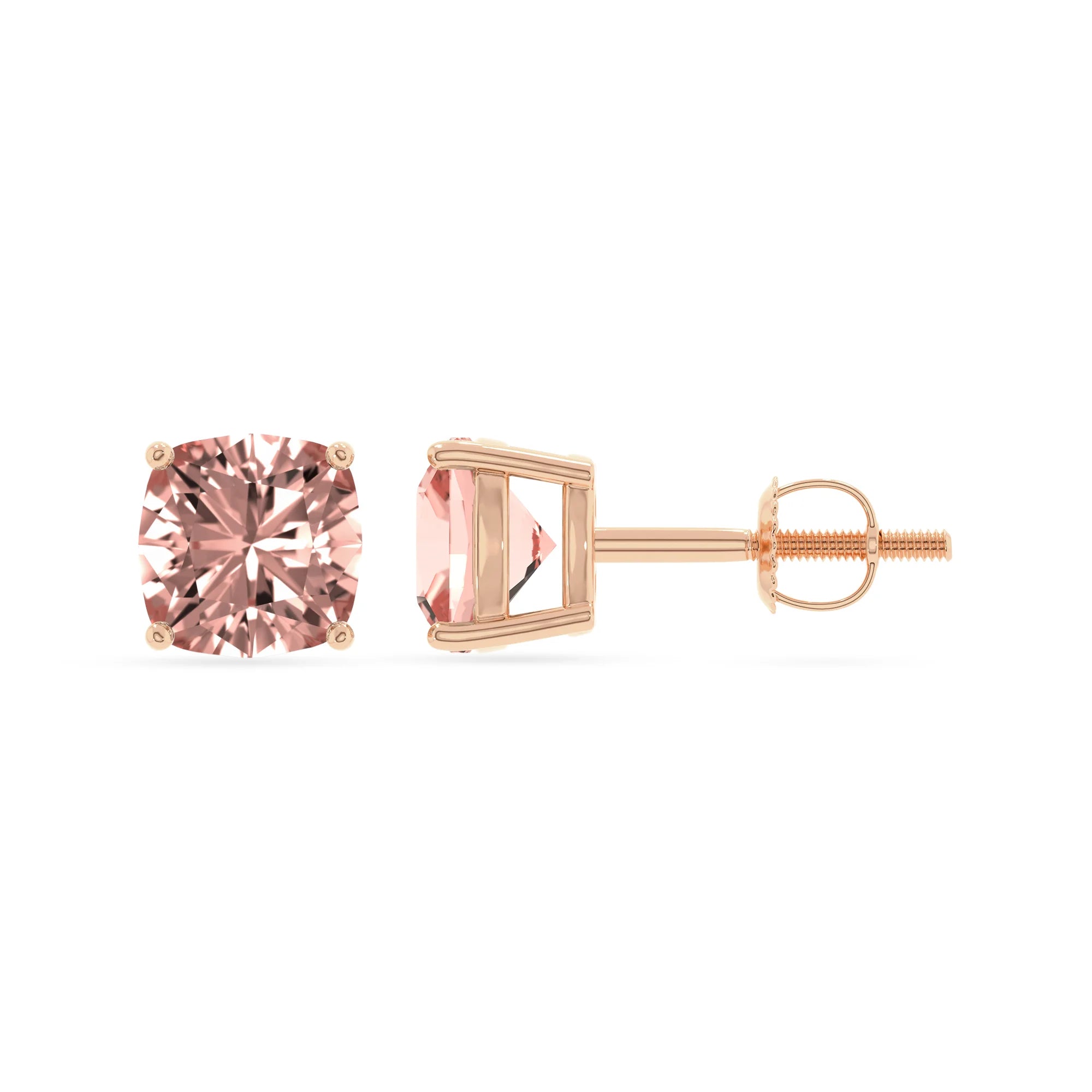 lab grown morganite cushion stud earrings in rose gold 