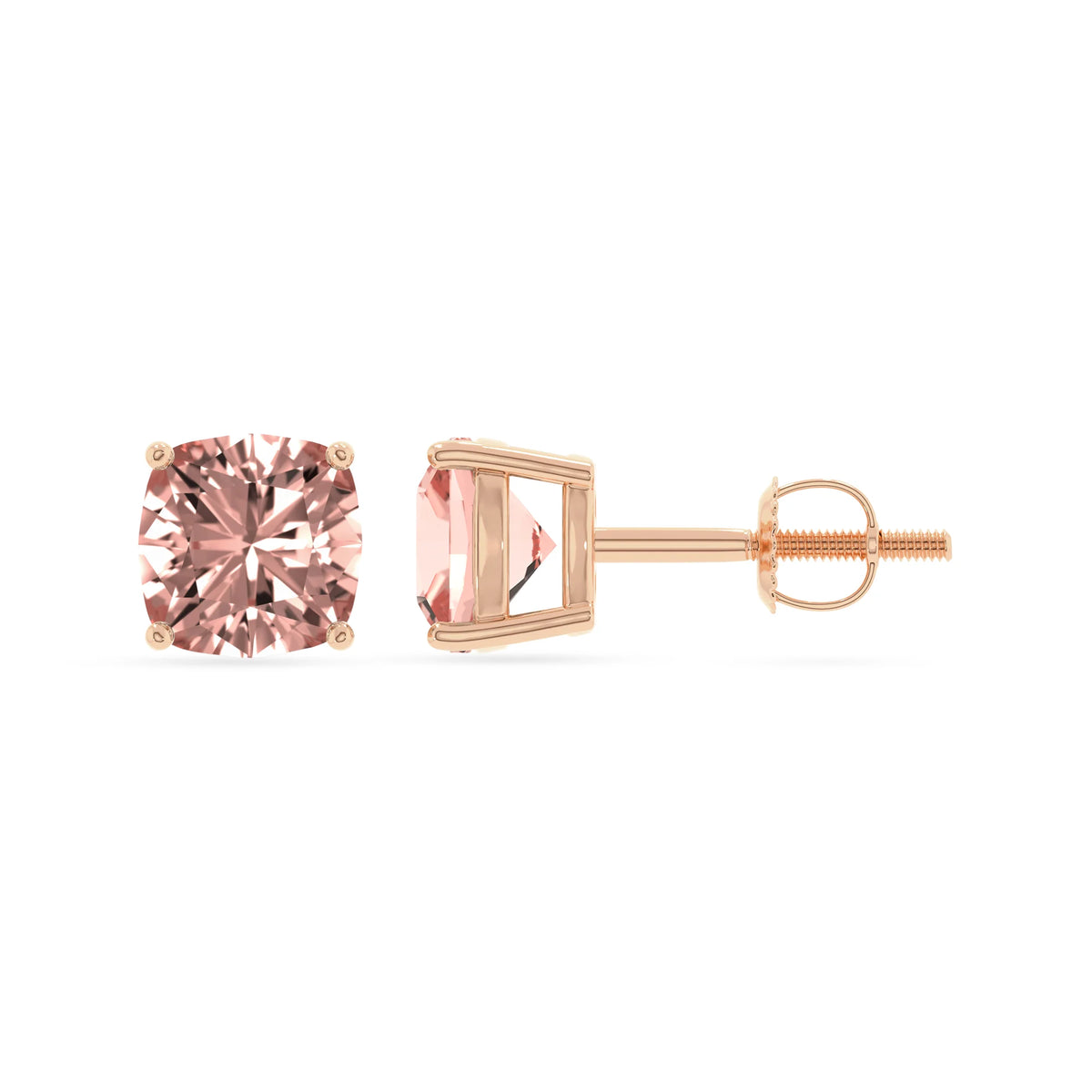 lab grown morganite cushion stud earrings in rose gold 