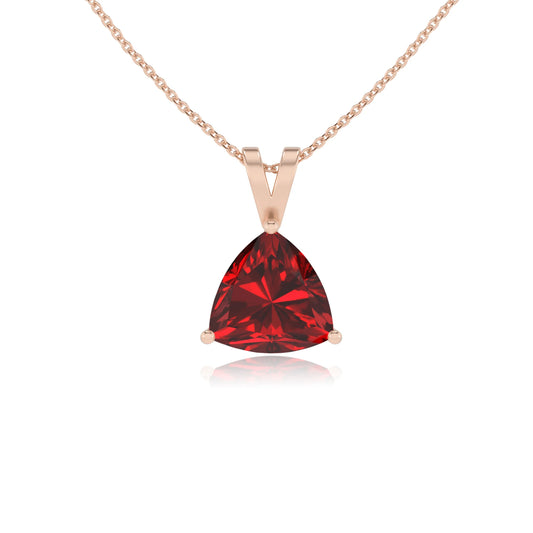 lab grown ruby trillion solitaire v-bale necklaces in rose gold 