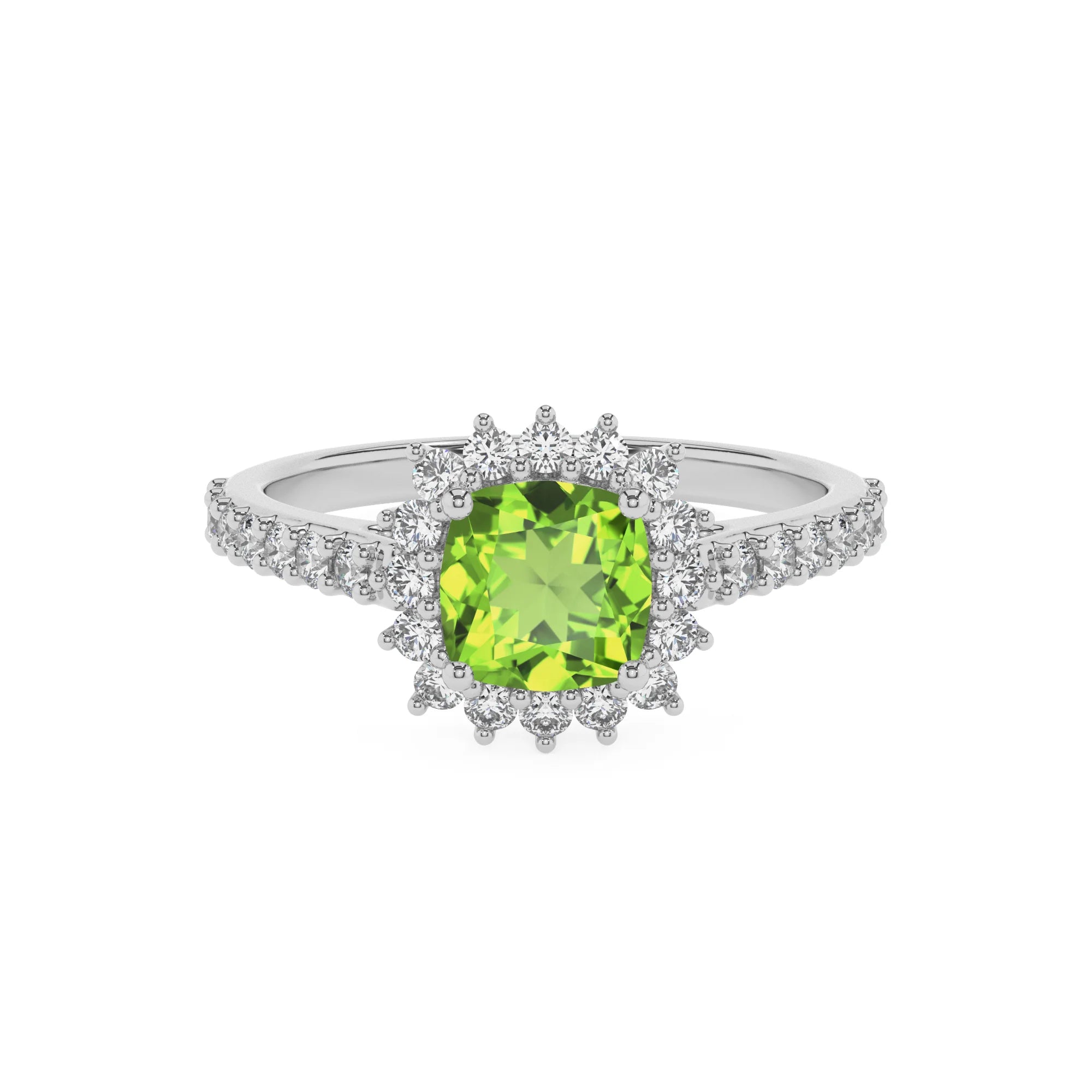 natural peridot cushion solitaire rings in sterling silver 