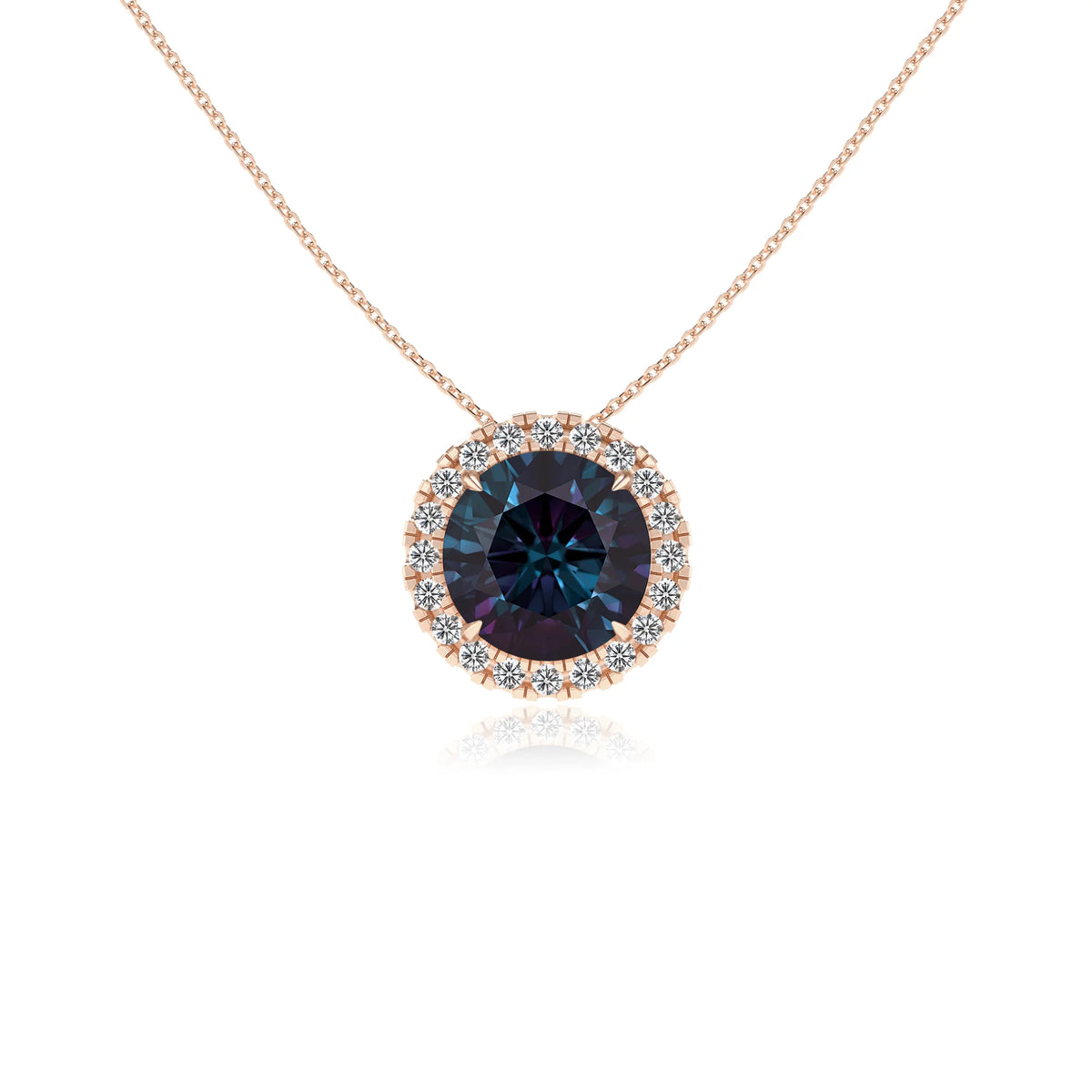 lab grown alexandrite round solitaire necklaces in rose gold 
