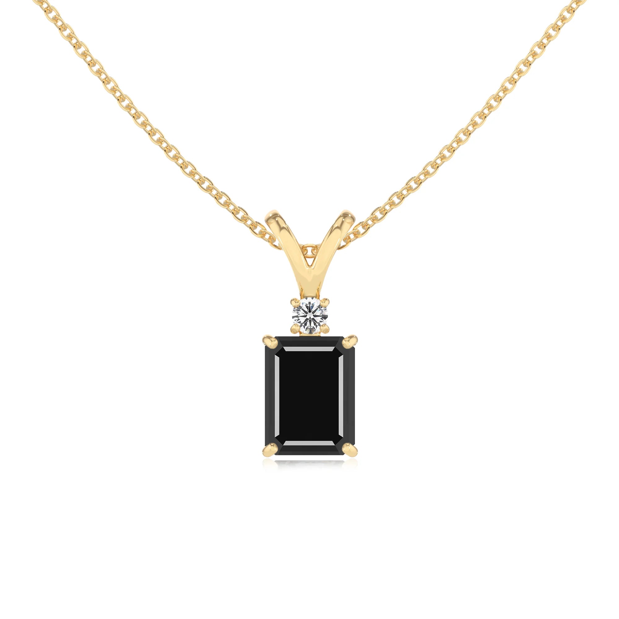 natural black-onyx emerald cut solitaire v-bale necklaces in yellow gold 