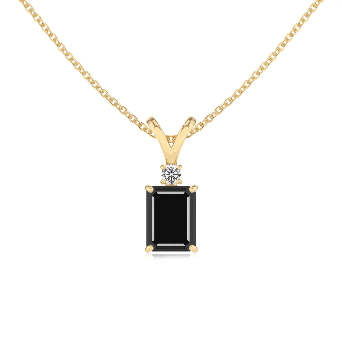 natural black-onyx emerald cut solitaire v-bale necklaces in yellow gold 