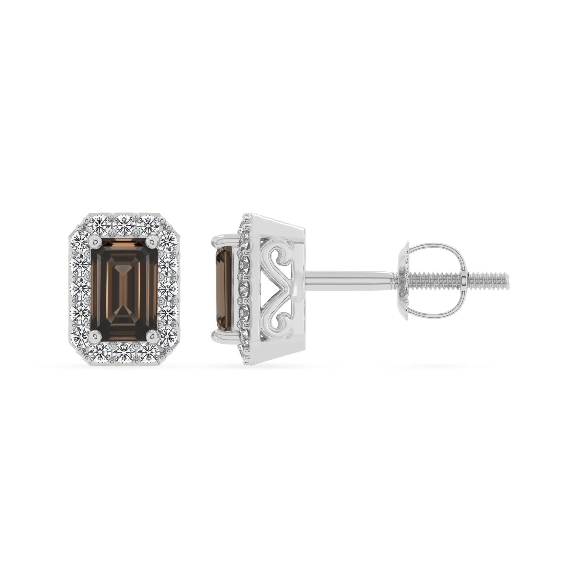 natural smoky quartz emerald cut stud earrings in white gold 
