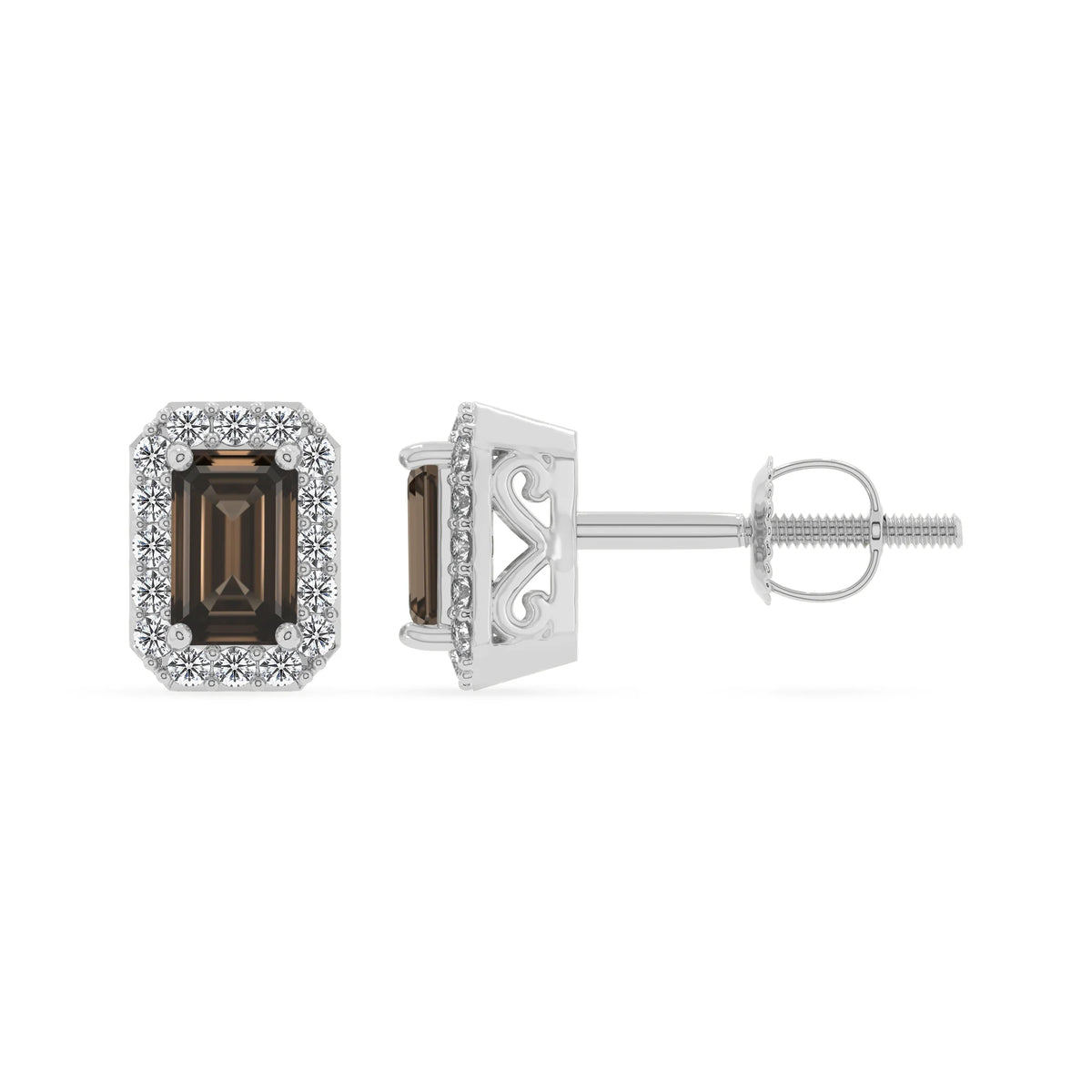 natural smoky quartz emerald cut stud earrings in white gold 