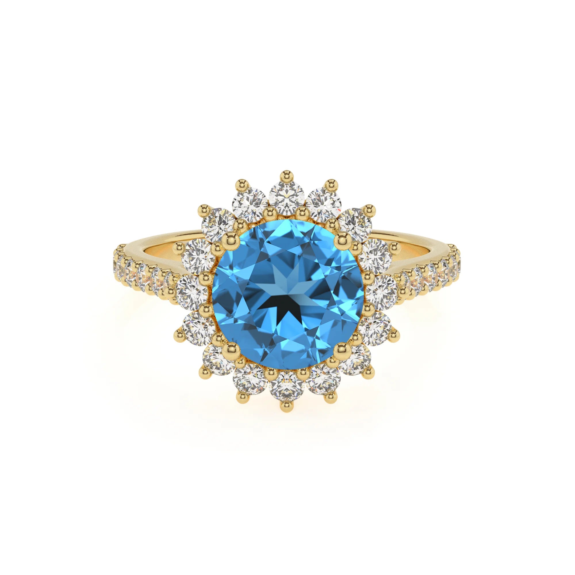 natural swiss-blue-topaz round solitaire rings in yellow gold 