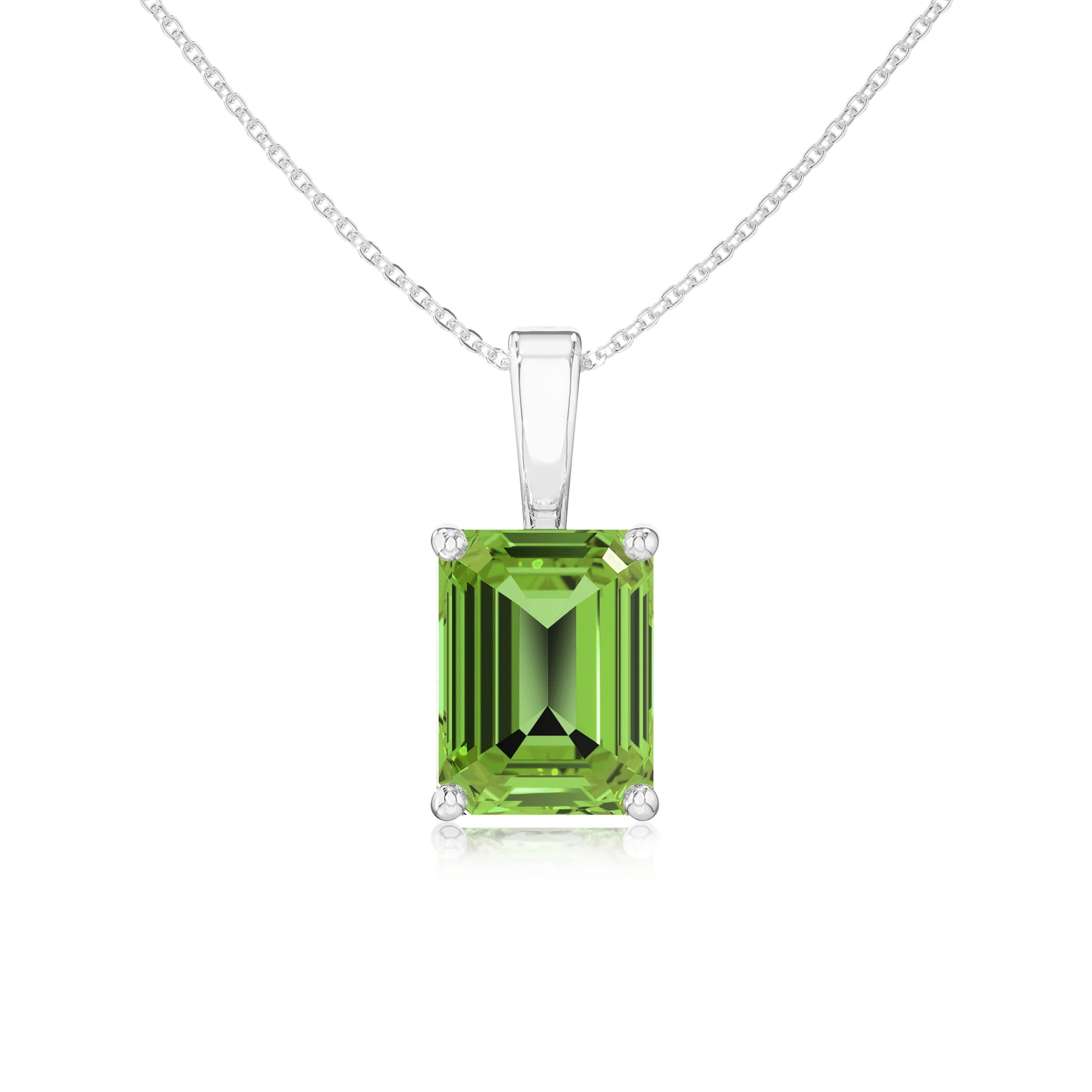 natural peridot emerald cut solitaire necklaces in white gold 