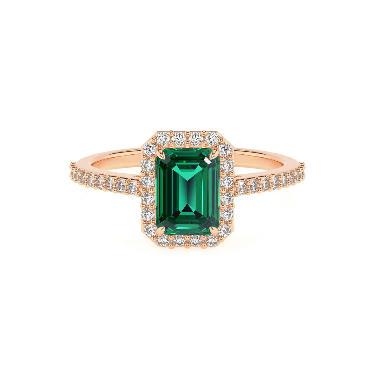 lab grown emerald octogon cut solitaire rings in rose gold 