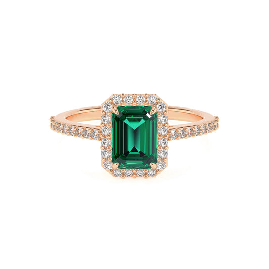 lab grown emerald octogon cut solitaire rings in rose gold 