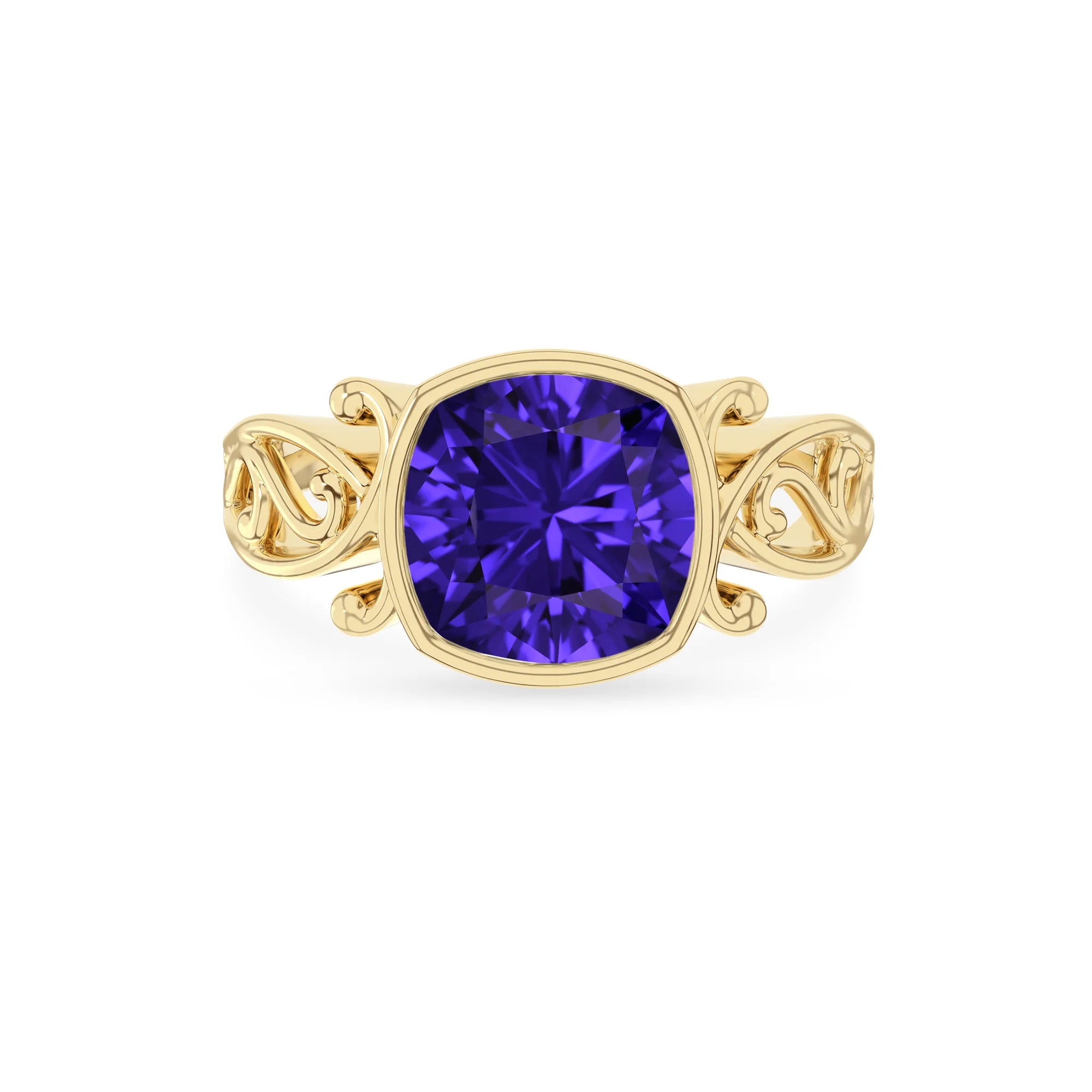 lab grown tanzanite cushion solitaire rings in yellow gold 