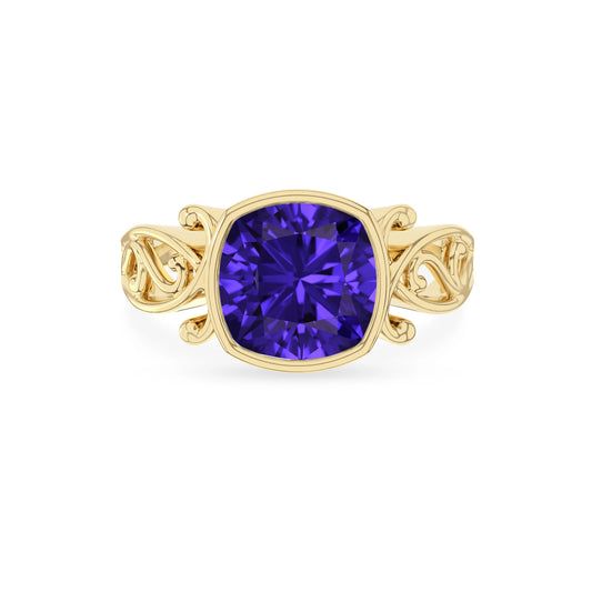 lab grown tanzanite cushion solitaire rings in yellow gold 