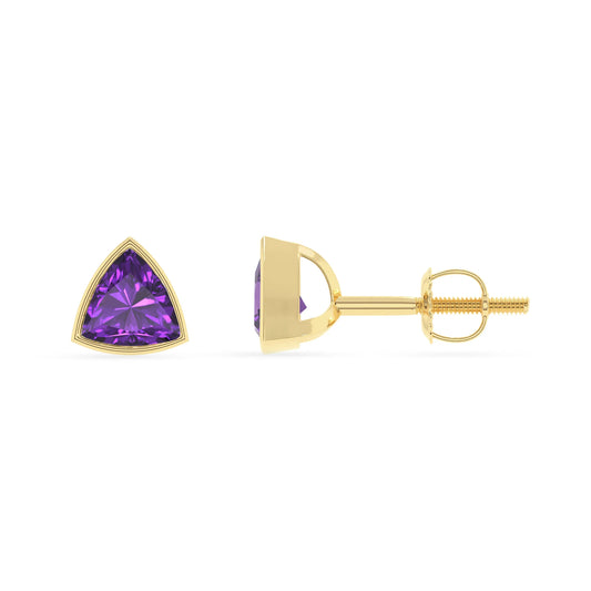 lab grown amethyst trillion stud earrings in yellow gold 