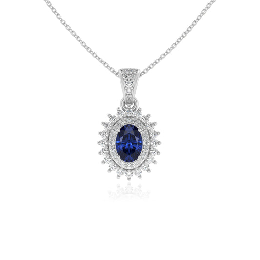 lab grown blue-sapphire oval halo necklaces in sterling silver 