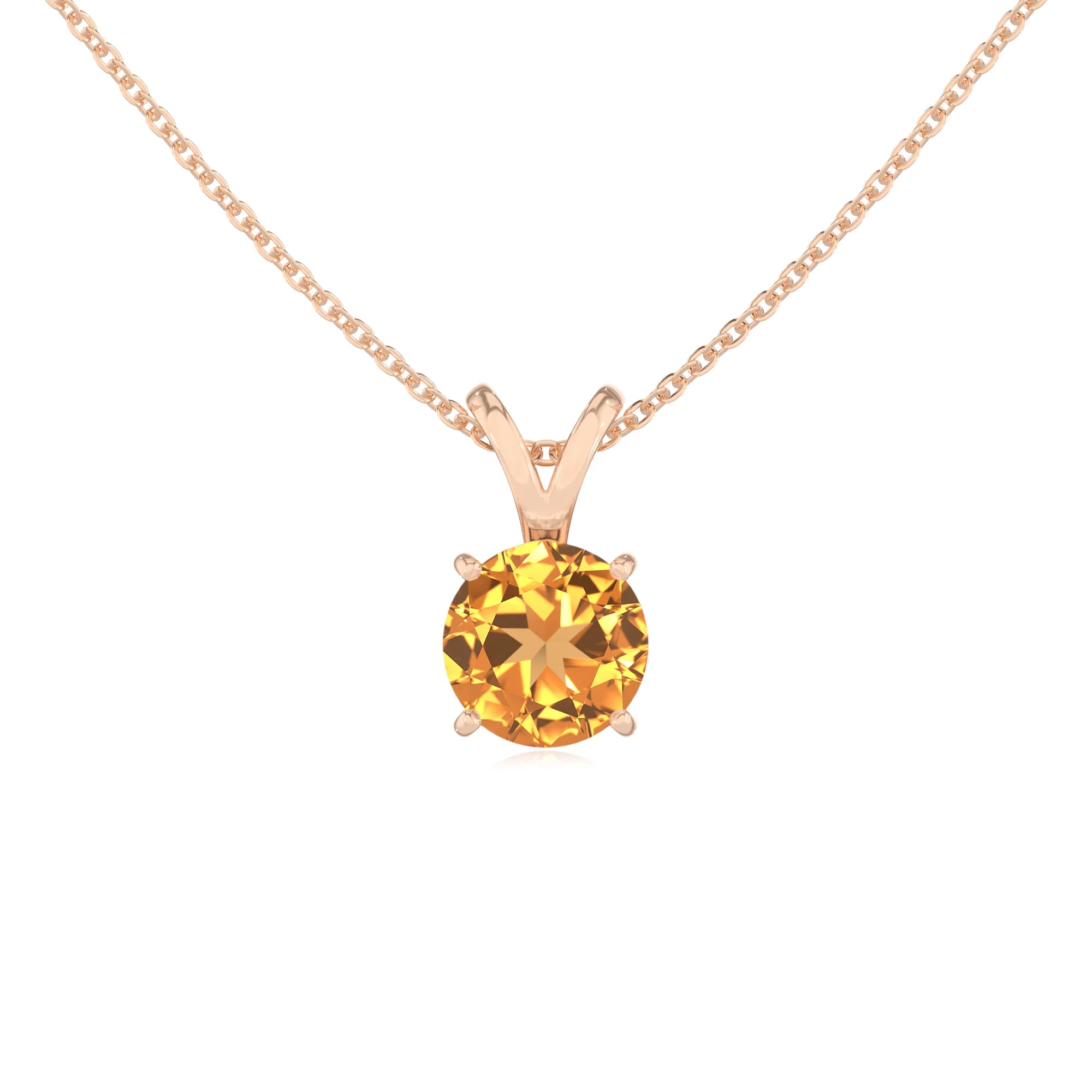 lab grown citrine round solitaire v-bale necklaces in rose gold 