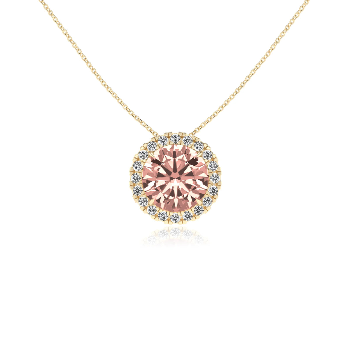 lab grown morganite round solitaire necklaces in yellow gold 