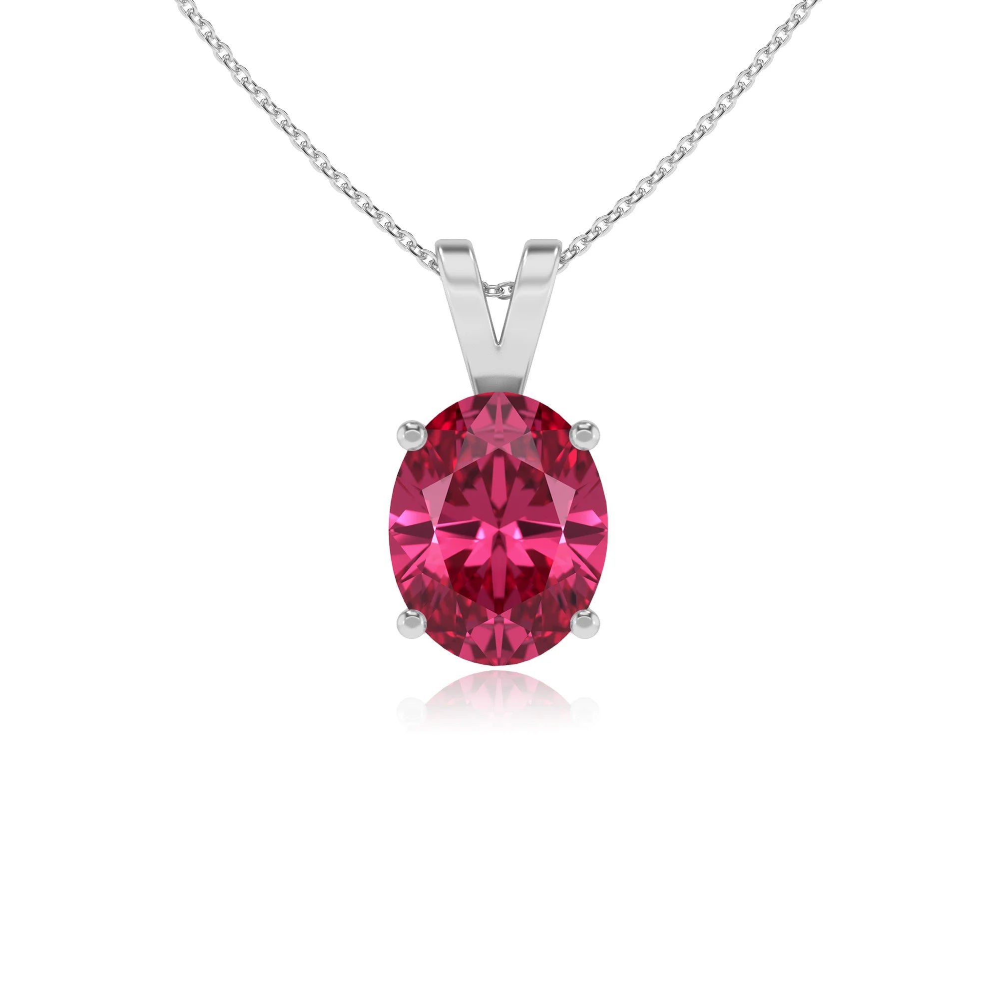 lab grown pink-tourmaline oval solitaire v-bale necklaces in white gold 