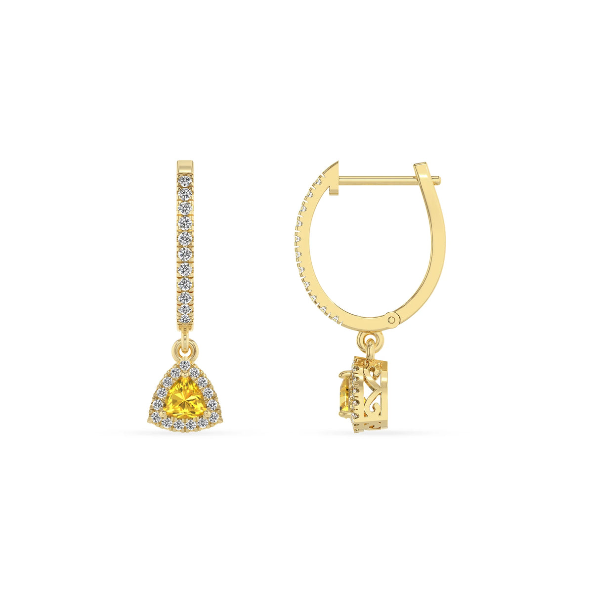 lab grown yellow sapphire trillion drop earrings in yellow gold 