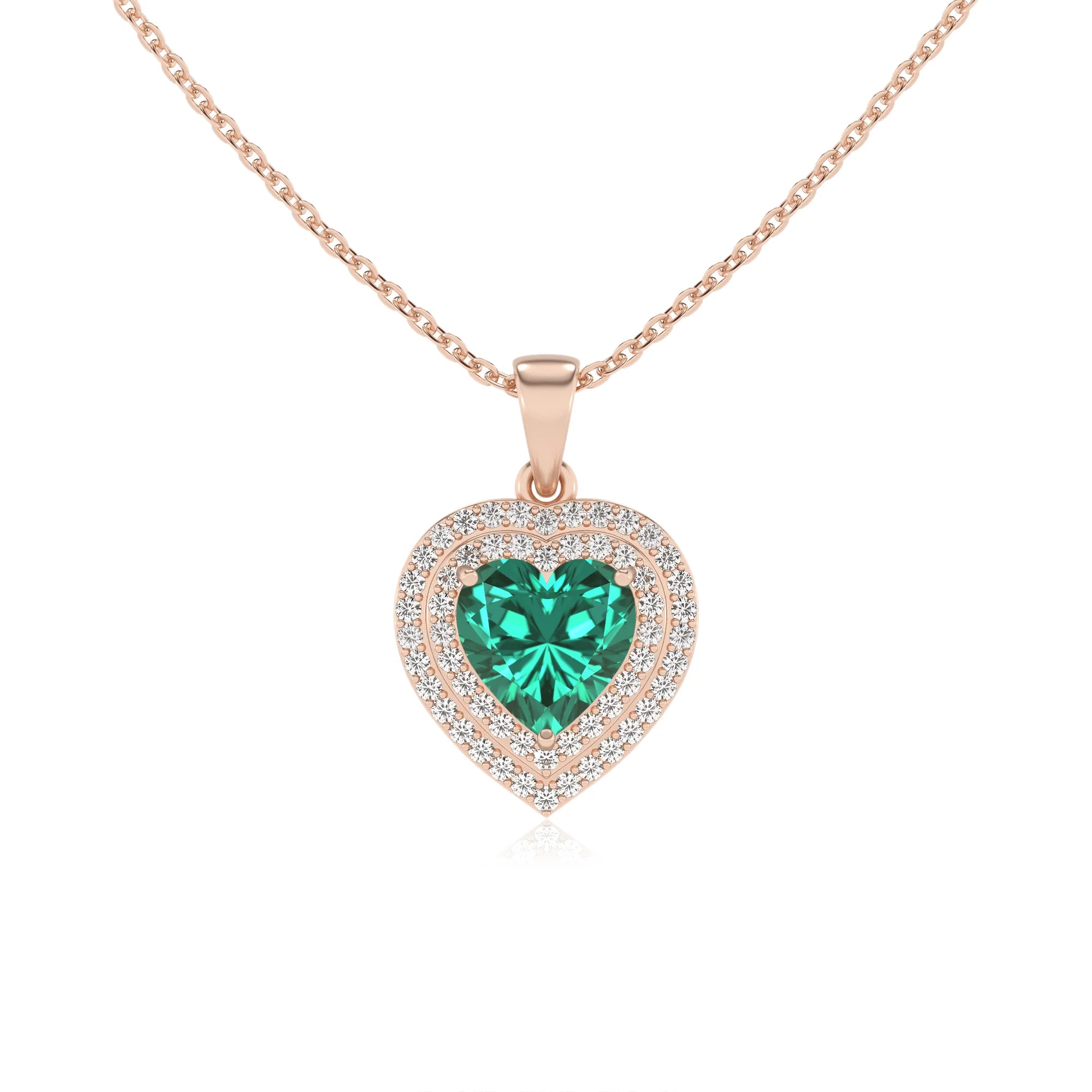 lab grown emerald heart halo necklaces in rose gold 