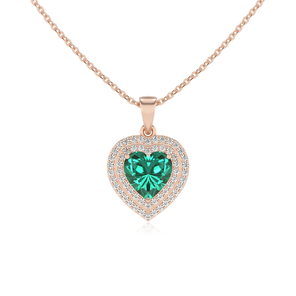 lab grown emerald heart halo necklaces in rose gold 
